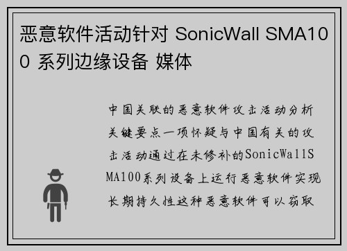 恶意软件活动针对 SonicWall SMA100 系列边缘设备 媒体